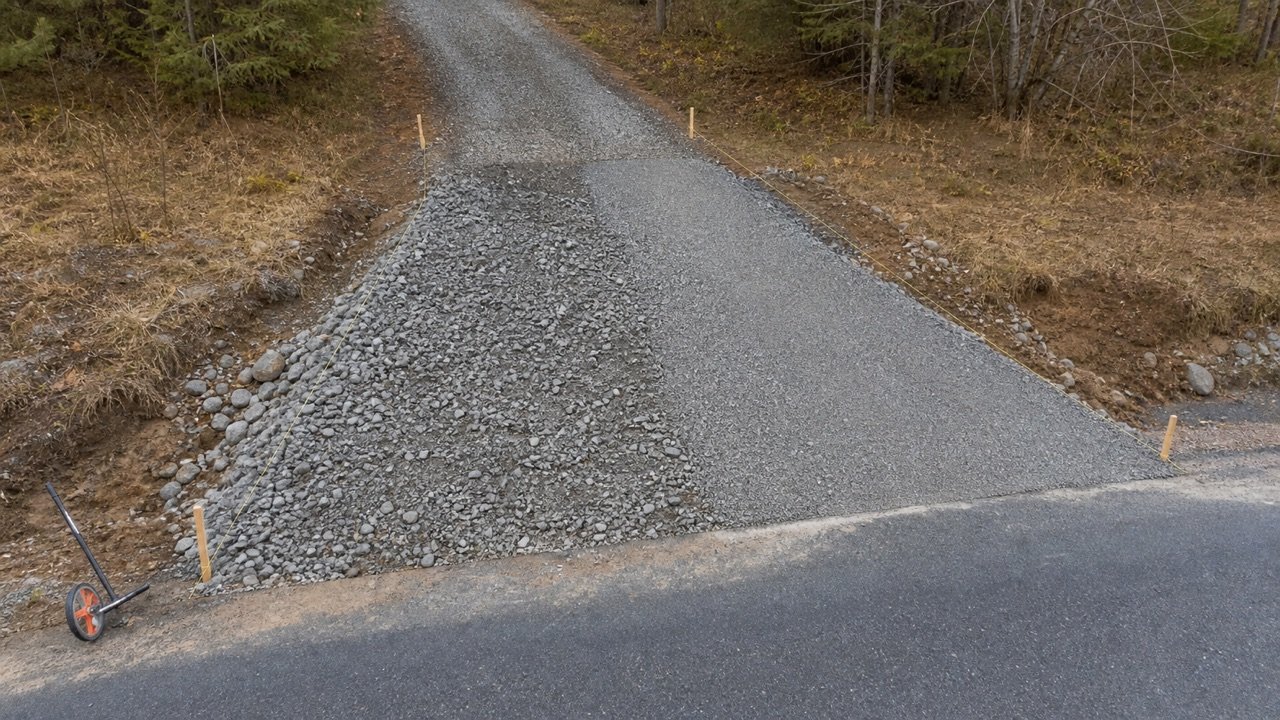 Flared gravel driveway apron meeting a paved rural road, with coarse base exposed on one half, finer surface gravel on the other, and survey strings marking the changing width.