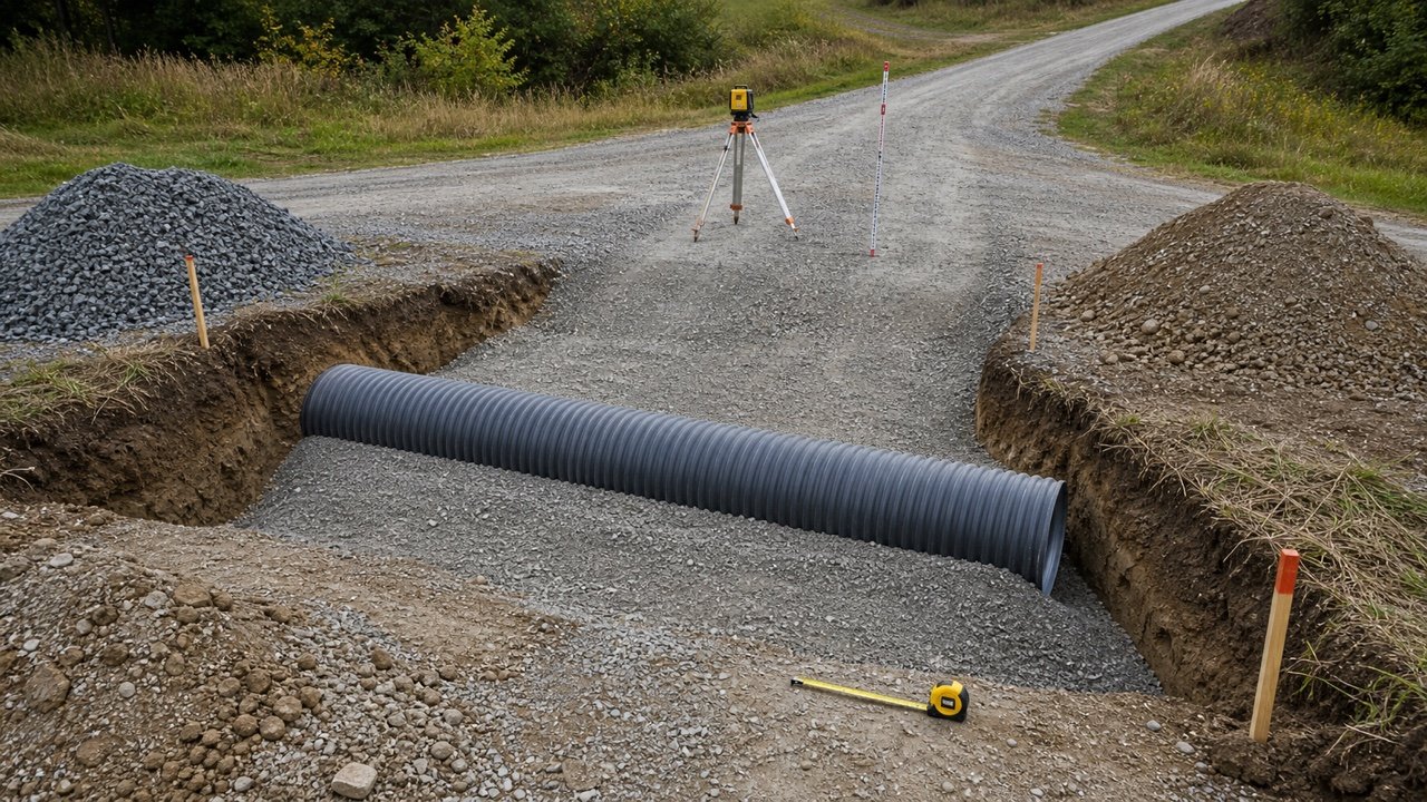 Corrugated driveway culvert pipe on prepared gravel bedding in a shallow trench with separate aggregate stockpiles, grade stakes, laser level, grade rod, and tape measure.