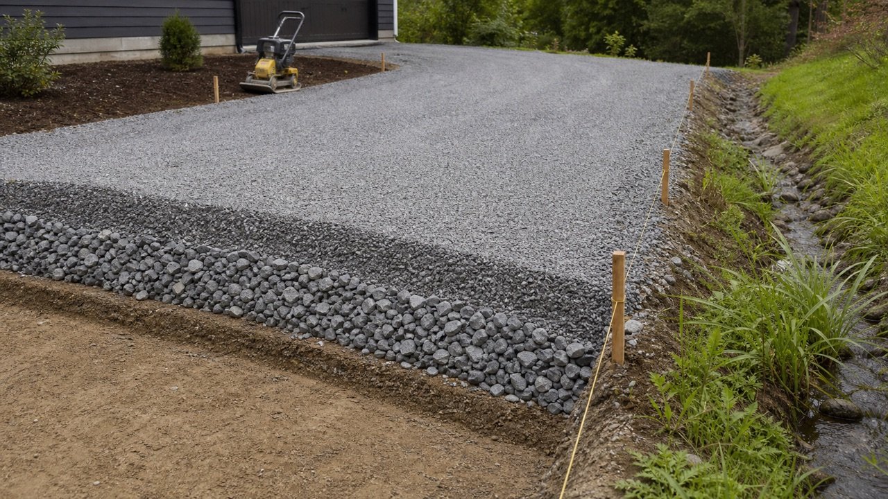 Gravel driveway under construction with exposed subgrade, coarse base, finer surface, grade stakes, a compactor, and a drainage edge.