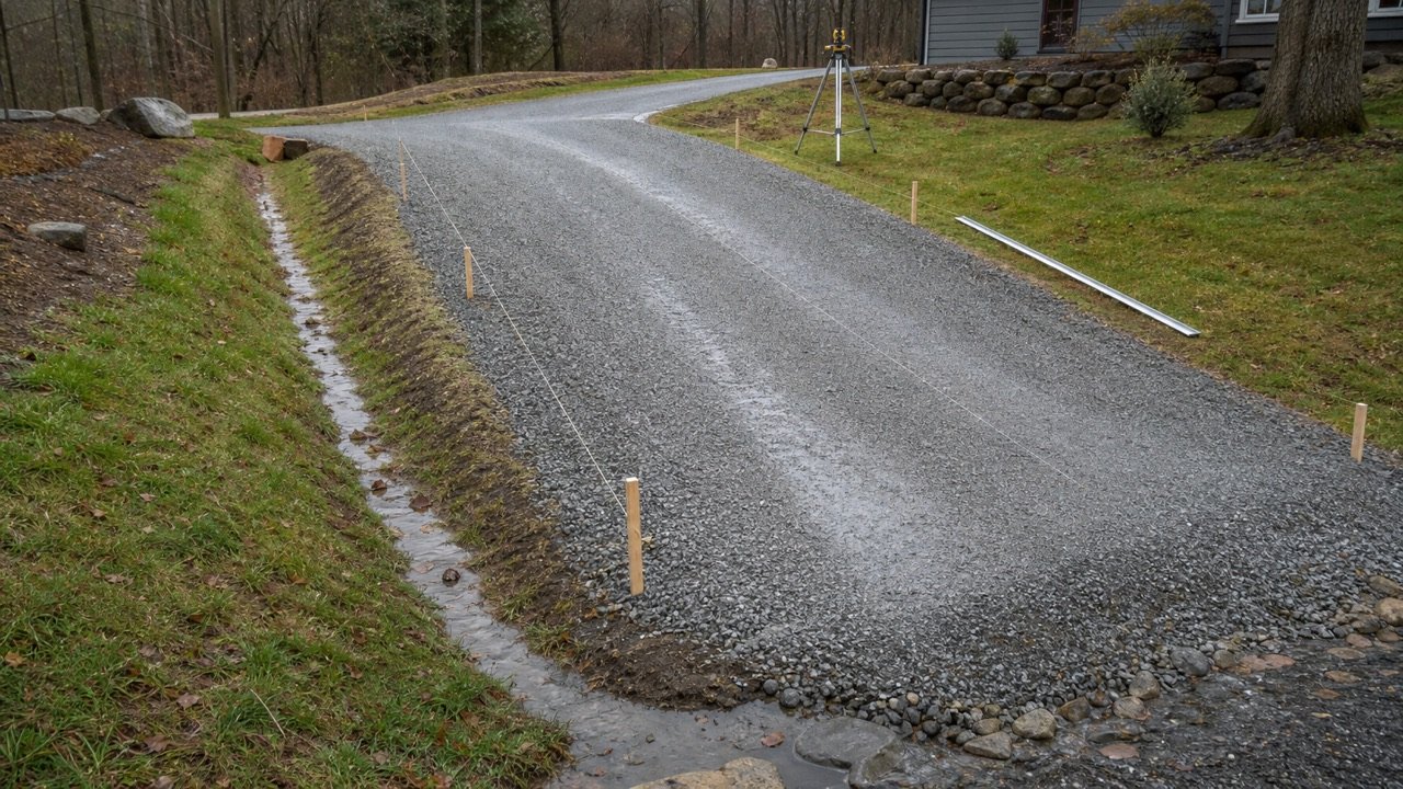 Crowned gravel driveway after rain with grade stakes, string lines, a survey level, straightedge, and a shallow vegetated drainage swale.