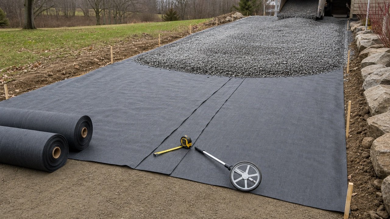 Two woven geotextile panels overlapped on prepared driveway subgrade with rolls, tape measure, measuring wheel, edge stakes, and aggregate cover being placed.