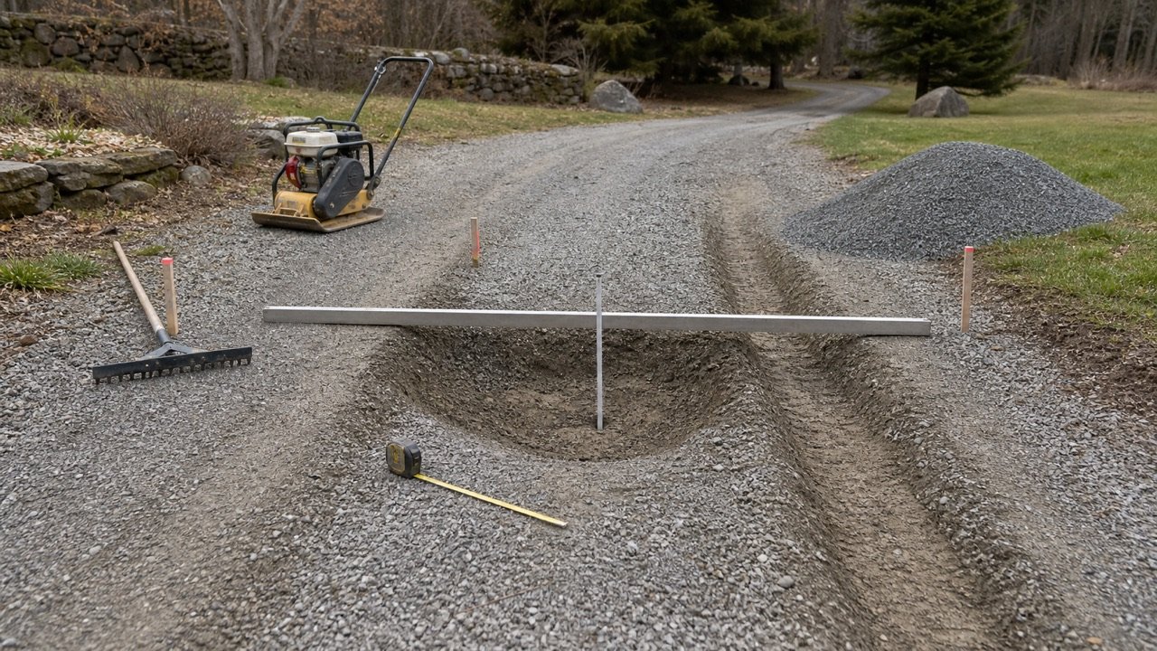 Gravel driveway pothole and wheel ruts measured with a straightedge, depth rod, tape measure, stakes, rake, and nearby plate compactor.