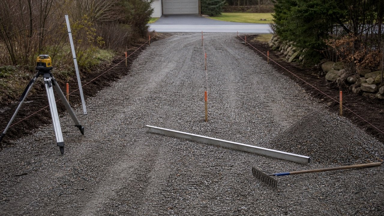 Existing gravel driveway surveyed with center and edge stakes, string lines, laser level, grade rod, straightedge, rake, and a small pile of crushed aggregate.