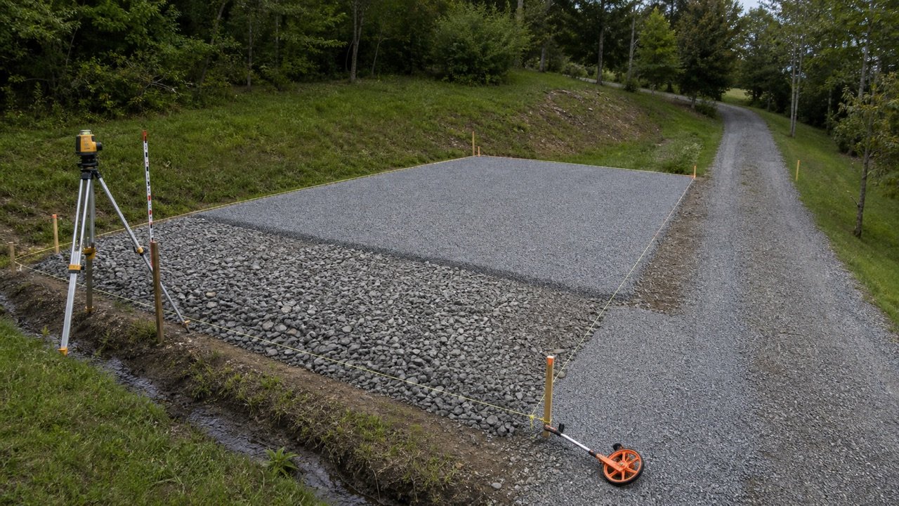 Gravel parking pad beside an existing driveway, with coarse base exposed in one zone, finer surface gravel in another, survey strings, a laser level, and a shallow swale.
