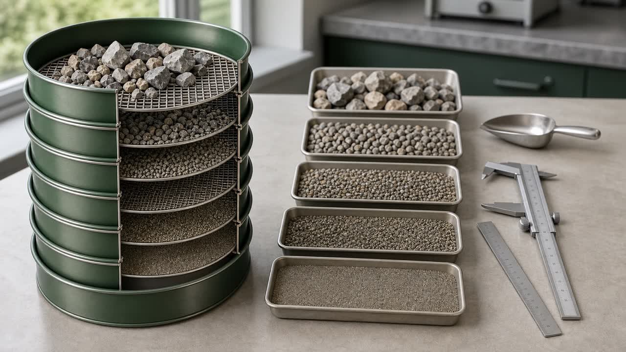 A stack of aggregate sieves beside trays of progressively finer gravel particles, a caliper, and a rule.