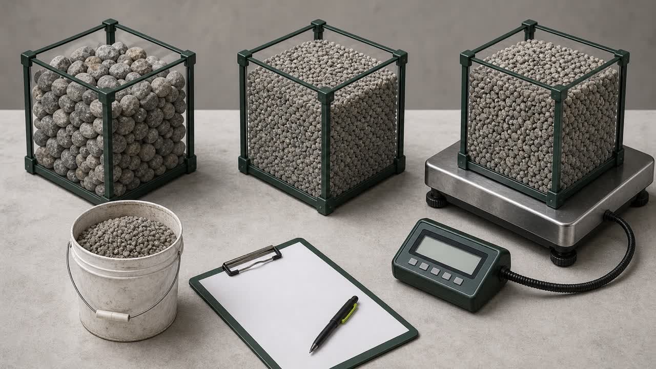 Equal-volume gravel containers in different bulk states beside a platform scale, sample bucket, and blank supplier data sheet.