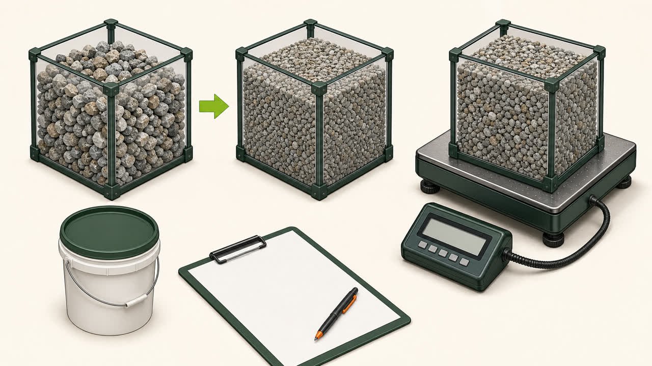 Equal-volume gravel containers in different bulk states beside a platform scale, sample bucket, and blank supplier data sheet.