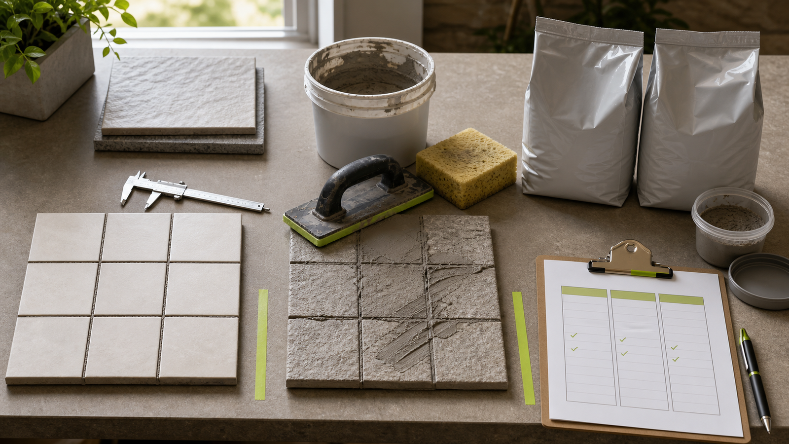 Smooth and textured tile samples, grout tools, sealed packages, a retained repair container and a three-stage quantity ledger.