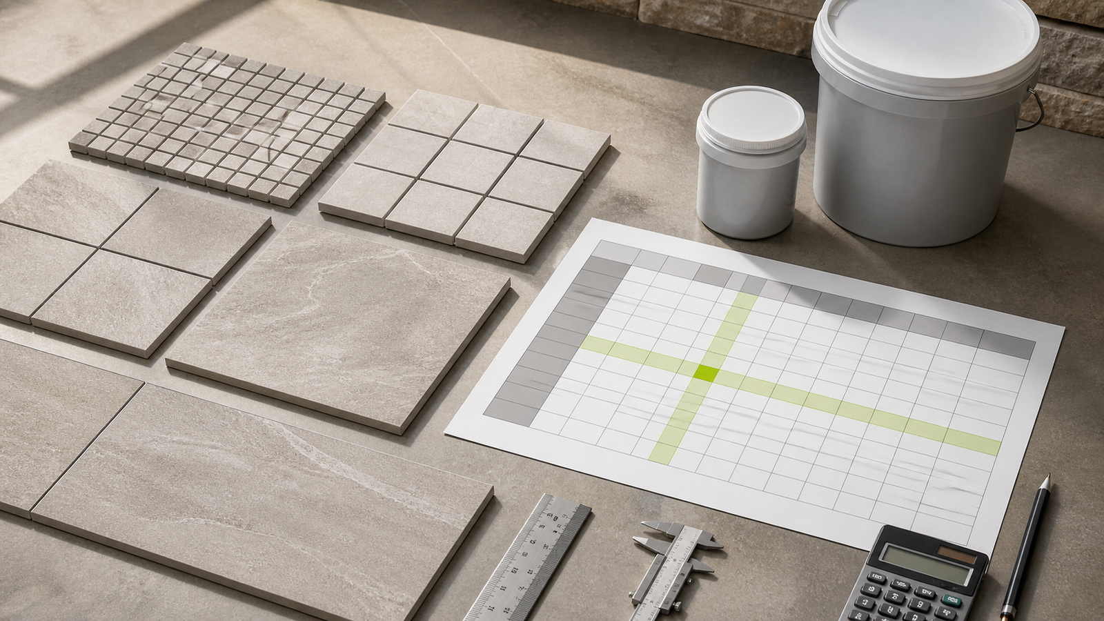 Tile samples from mosaics to large formats beside a highlighted coverage worksheet, plain grout containers, ruler, caliper and calculator.