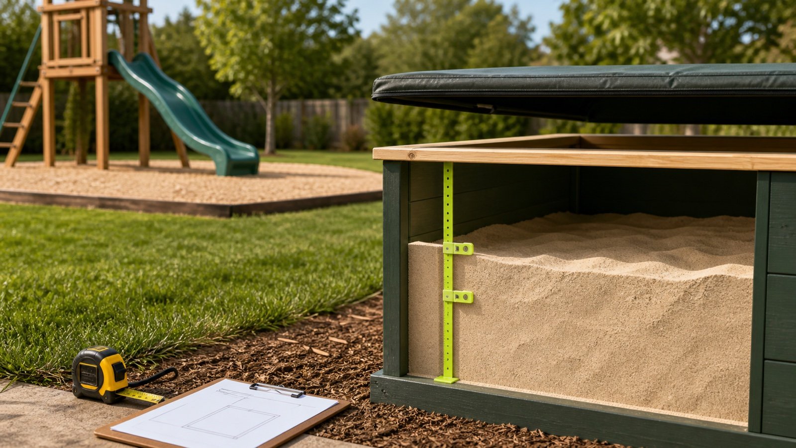 Cutaway backyard sandbox with a vertical depth rule, two fill-line markers, wall and cover clearance, separated from an elevated playground safety-surfacing area