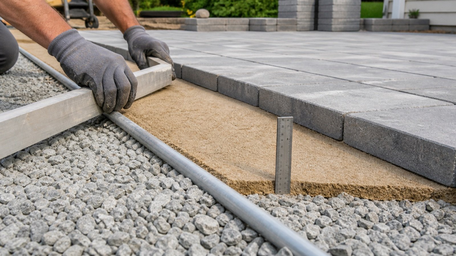 Worker screeding a uniform bedding-sand layer over compacted aggregate beside installed concrete pavers and a depth ruler.