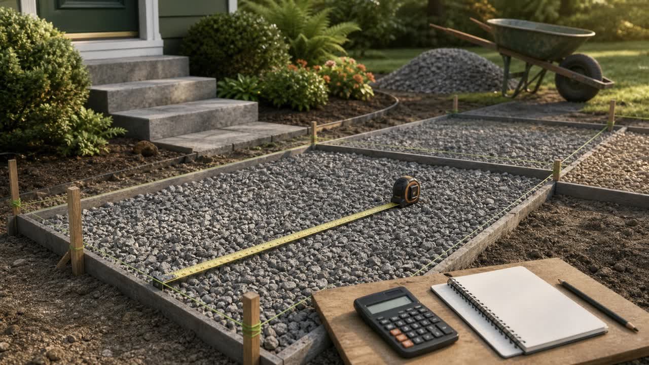 Two adjoining rectangular gravel areas measured with tapes and stakes, with a cutaway showing the gravel layer depth.