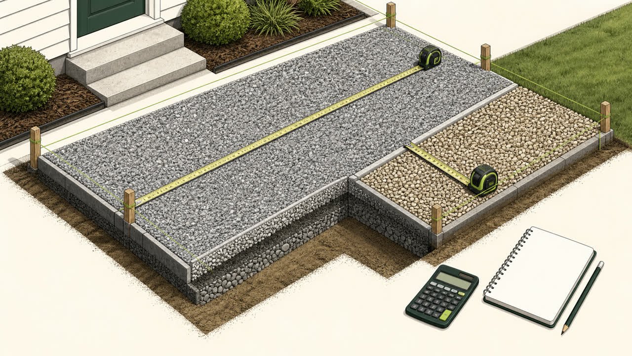 Two adjoining rectangular gravel areas measured with tapes and stakes, with a cutaway showing the gravel layer depth.