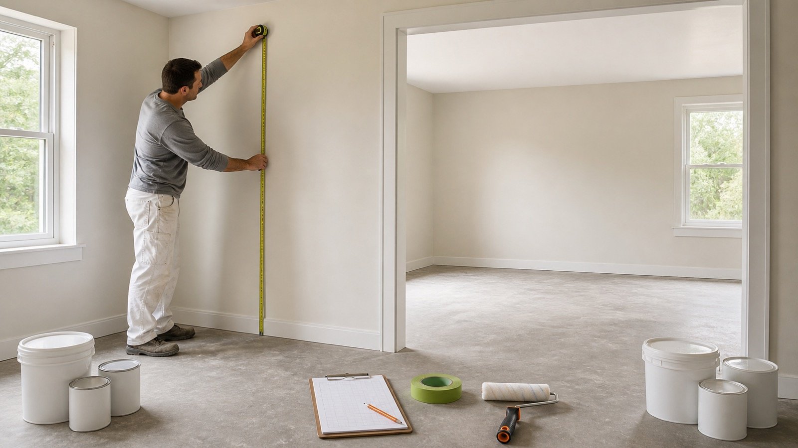 Person measuring wall height across two adjoining rooms with a blank worksheet, paint tools and separate groups of plain containers.