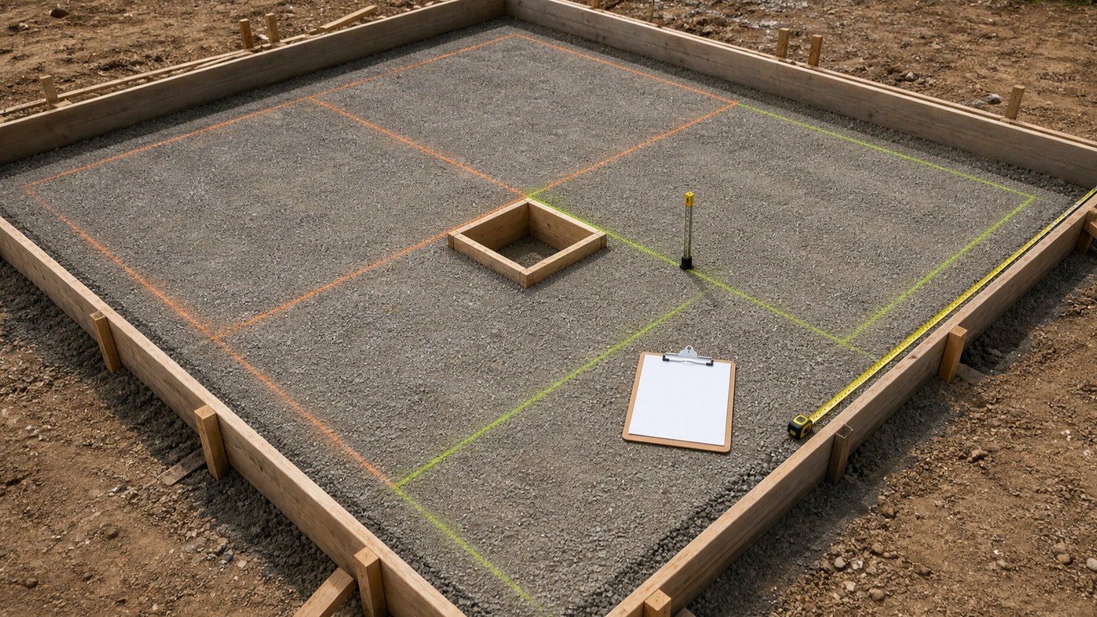 Rectangular slab form divided into chalk-marked takeoff zones with a box-out, tape measure, depth gauge and blank worksheet.