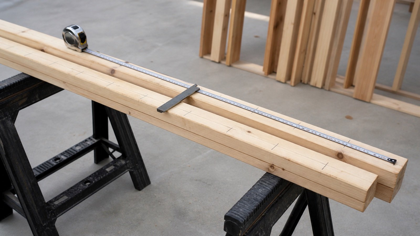 Paired timber wall plates on sawhorses with a tape measure, square and transferred pencil layout marks.