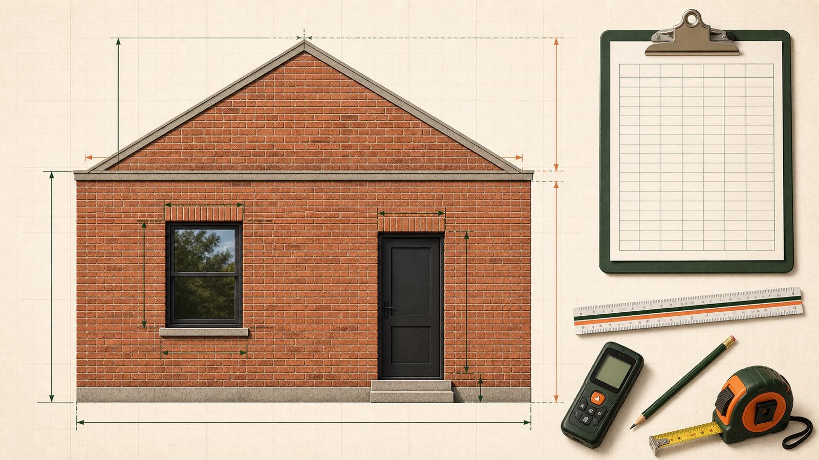 Brick elevation divided into a rectangular wall and triangular gable with measured window and door openings beside a blank takeoff ledger.