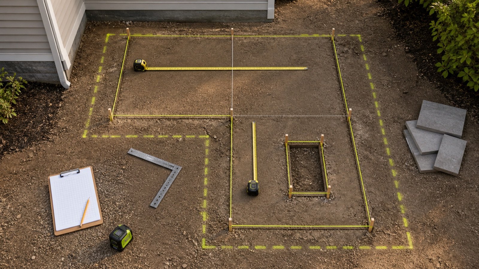 Top-down L-shaped patio layout with a finished paver boundary, a wider excavation line, 2 rectangular zones and a staked planter opening.