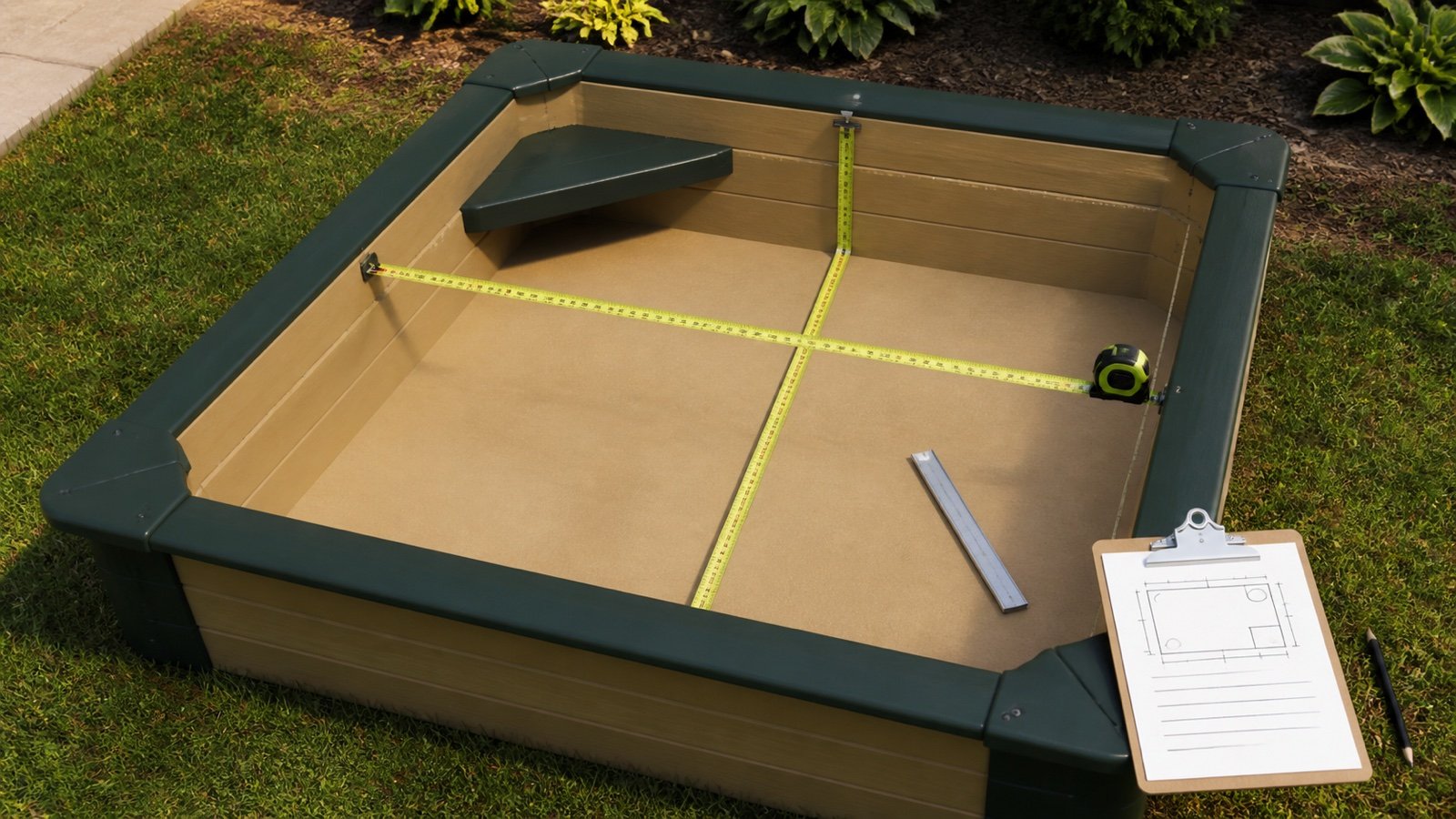 Empty molded sandbox measured across its inside length and width with a vertical depth gauge at the target fill line and a built-in corner seat recorded separately