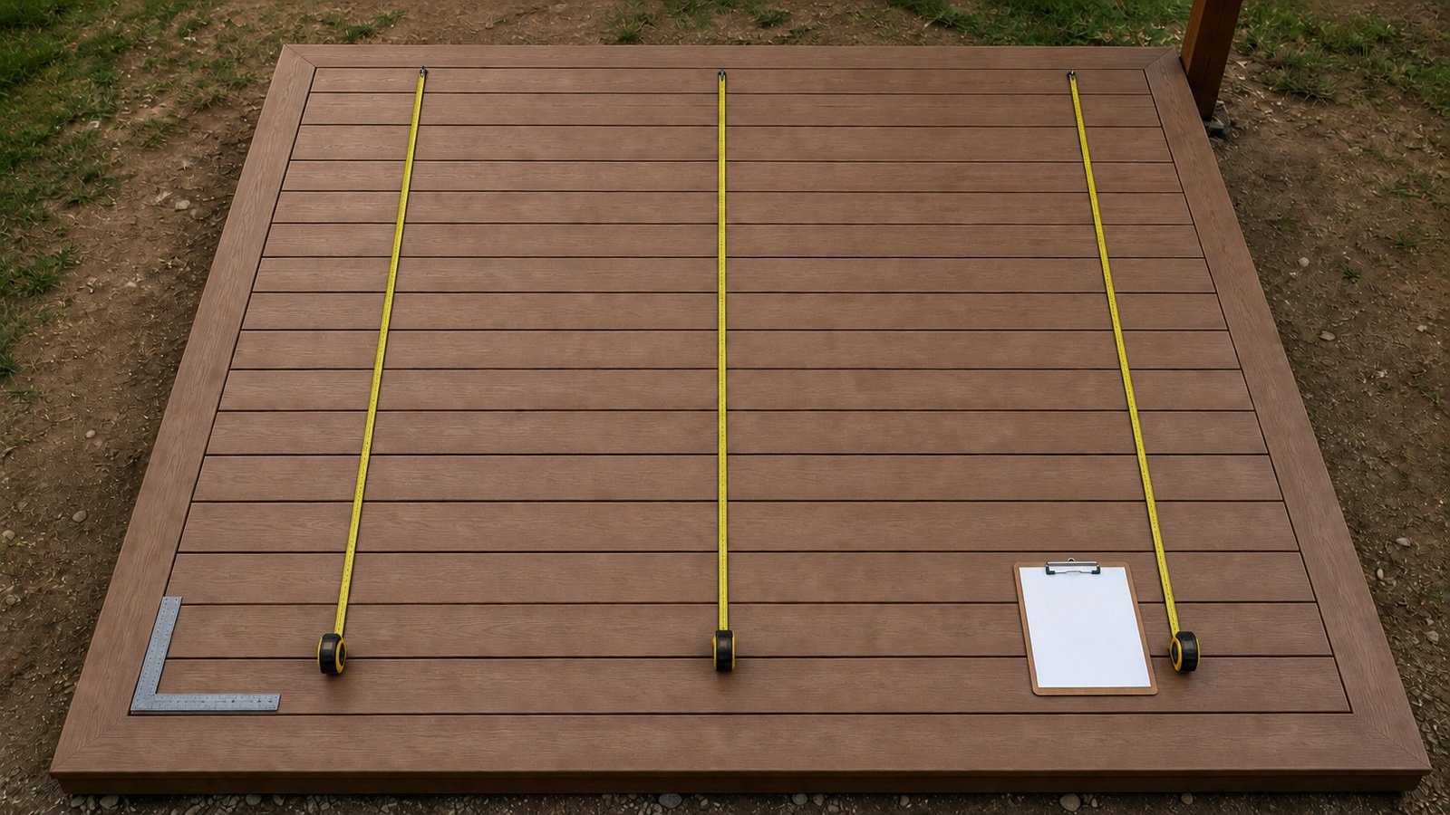 Rectangular deck with a separate picture-frame border and 3 tape measures checking the clear infill width across horizontal board rows.