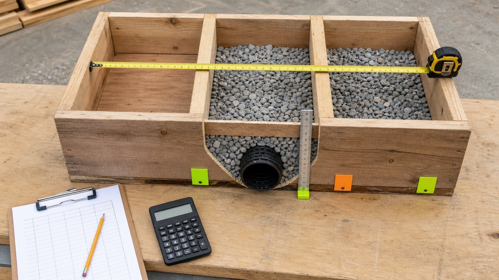 Drainage trench measurement mockup with gravel, perforated pipe, tape, depth rule, station tags and a field sheet.