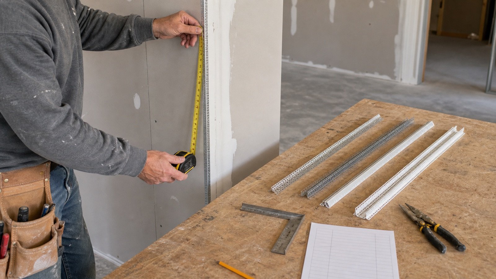 A drywall outside corner measured with a tape beside several corner-bead profiles, tin snips, a square and a blank takeoff sheet.