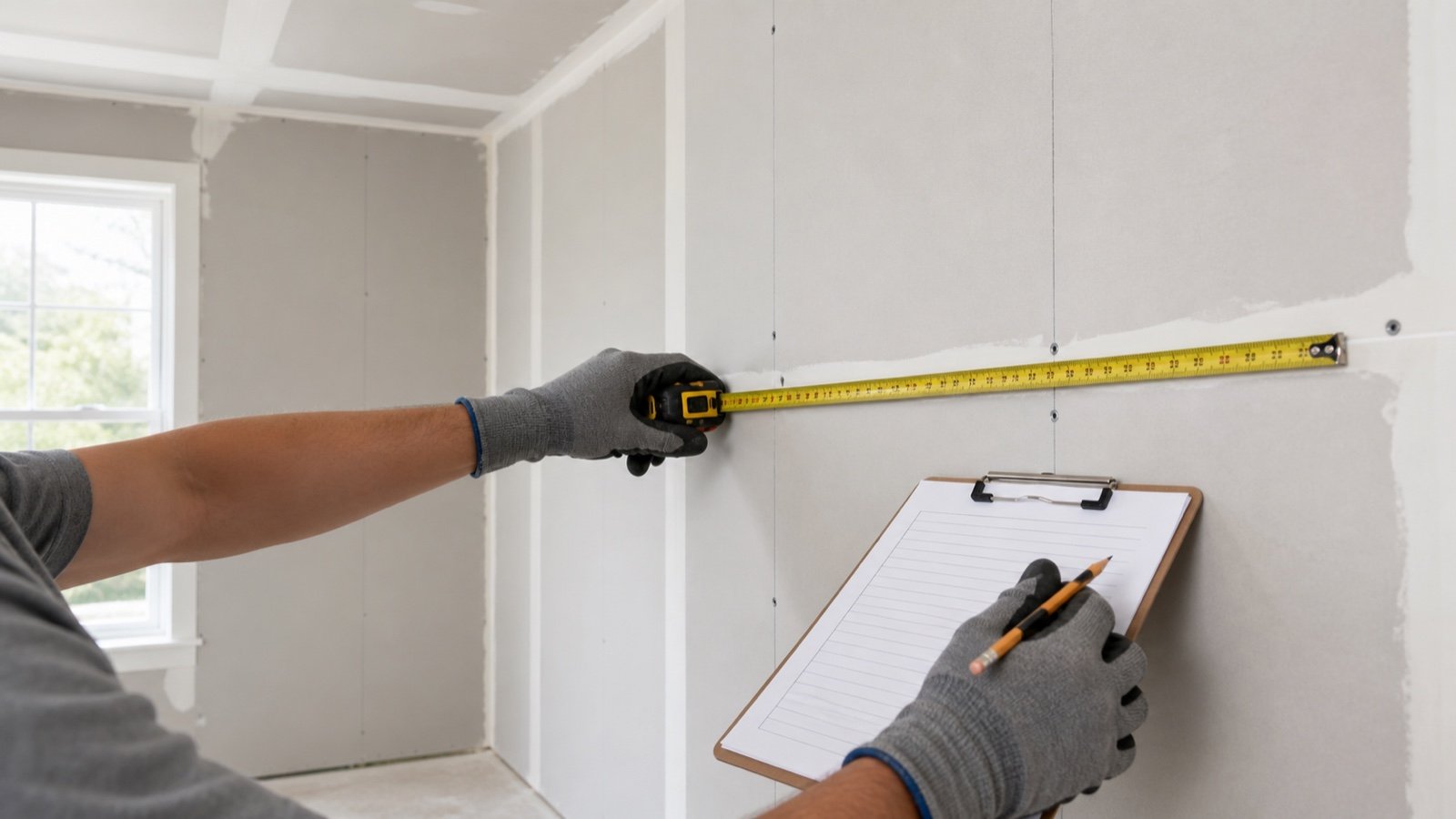 Gloved hands measuring a horizontal drywall panel joint beside a blank lined clipboard in an unfinished room.