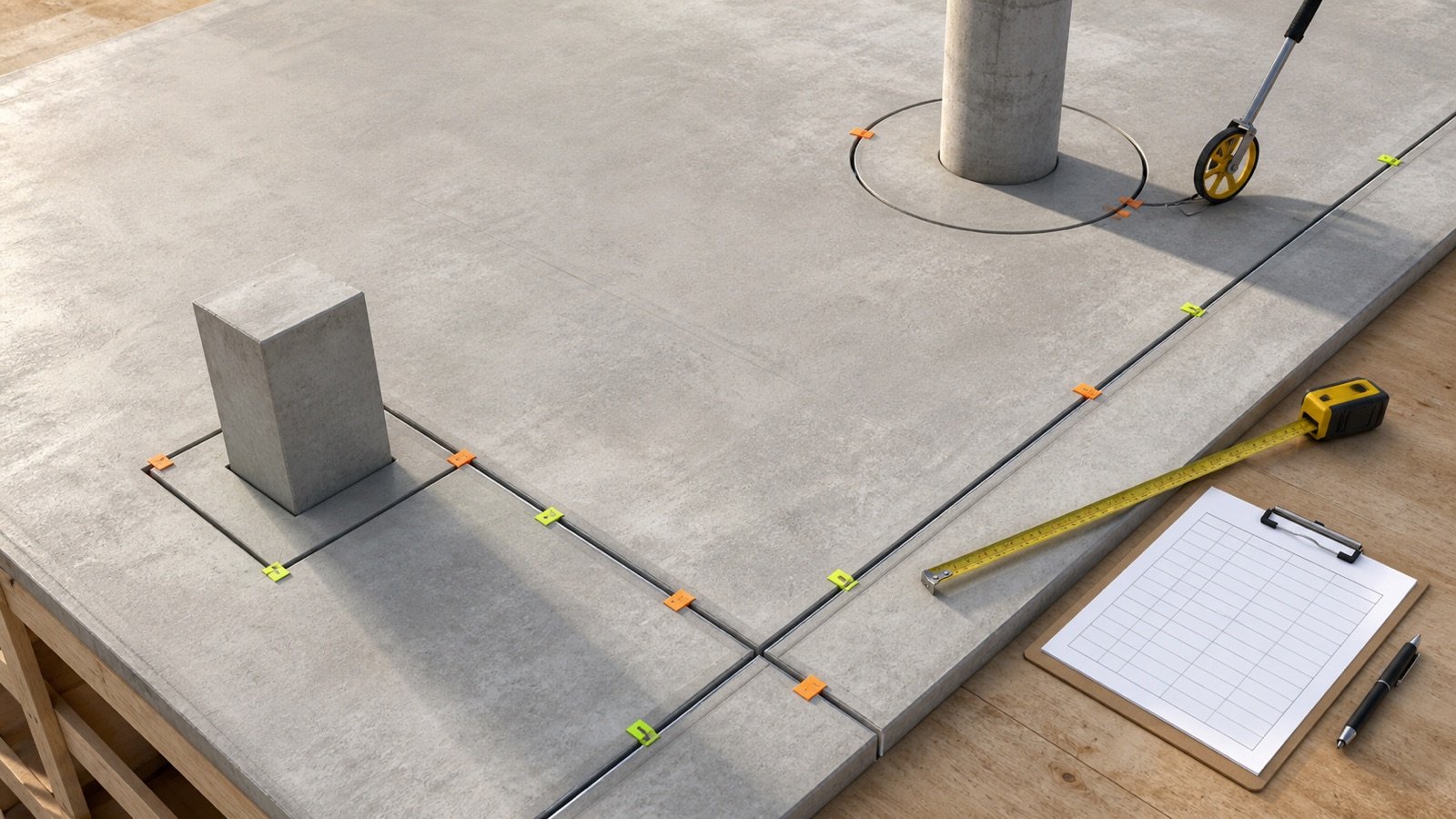 Concrete slab plan with straight and curved joint routes, isolation joints around columns, segment markers, tape measure and measuring wheel.