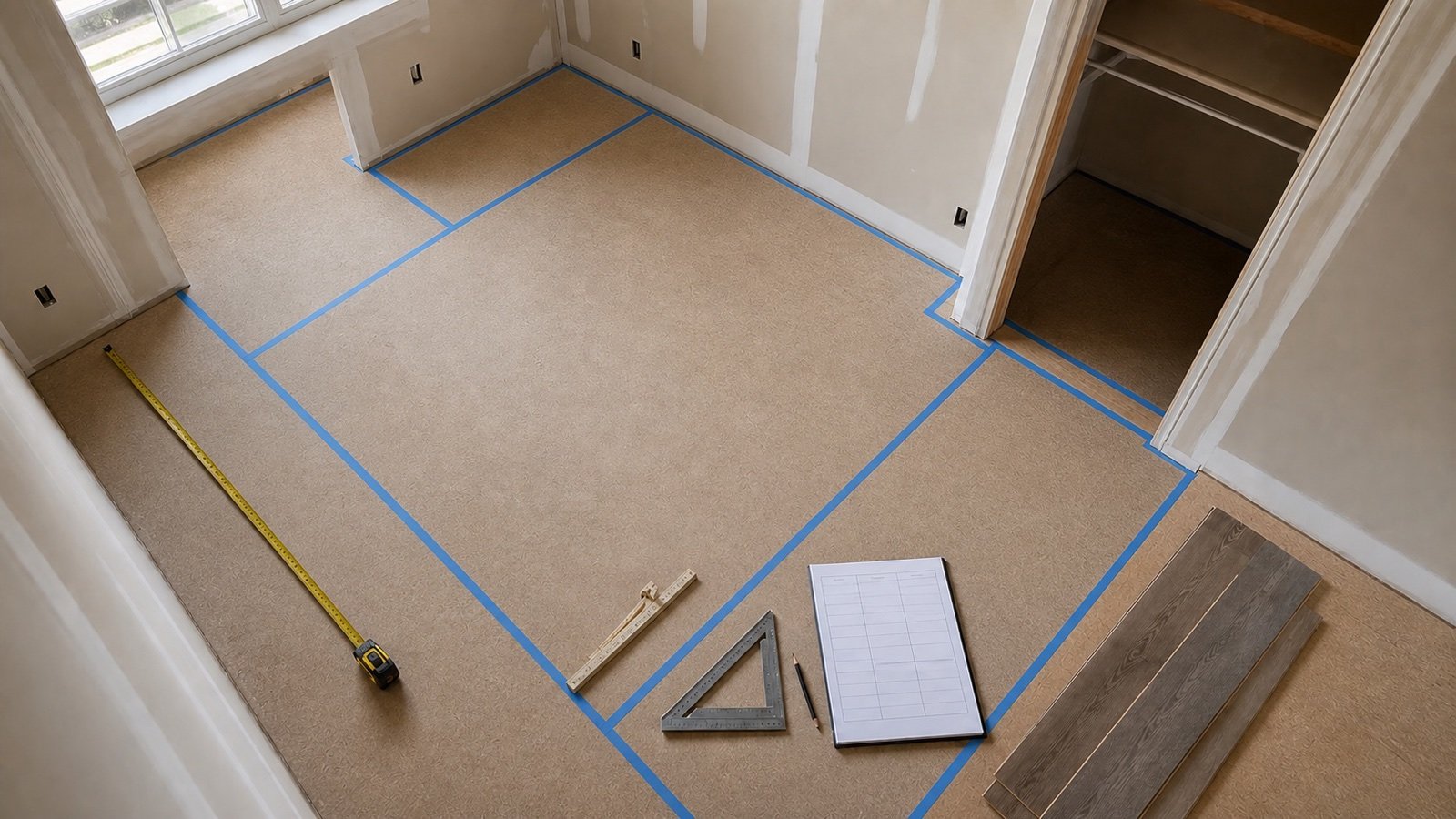 Unfinished room divided by blue tape into rectangular measurement sections, including an alcove, closet and doorway, with a tape measure and blank ledger.