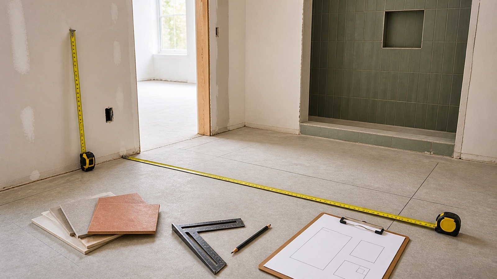 Bathroom tile measurement scene with tape measures across a floor and wall, a doorway, shower niche, tile samples, square and sketched surface plan.