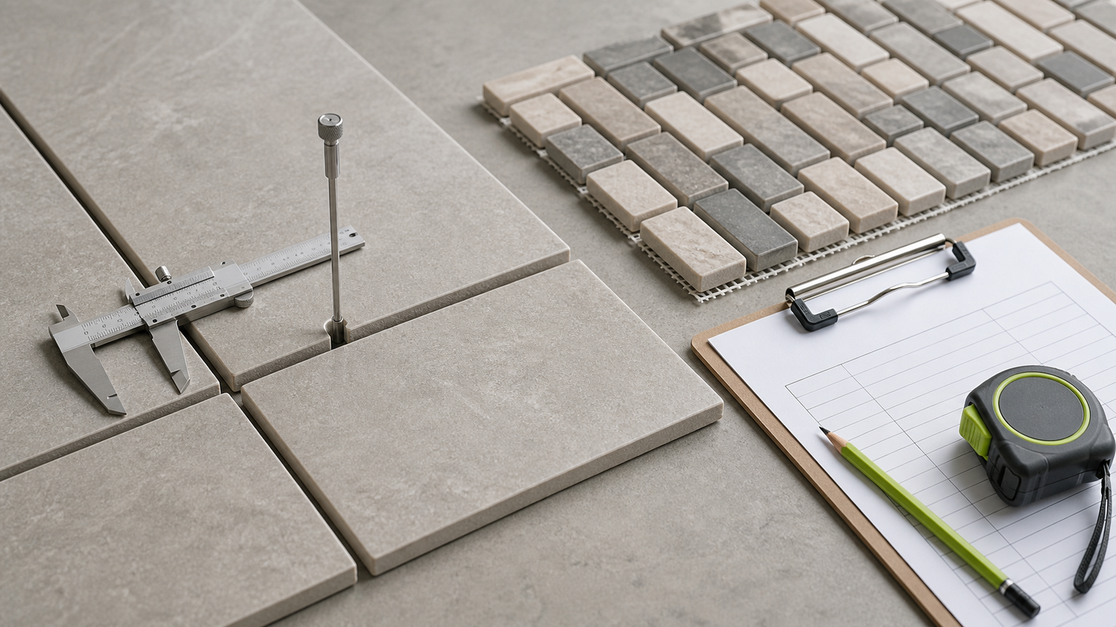 Rectangular tile joints measured with a caliper and depth probe beside a mosaic sheet and blank field ledger.