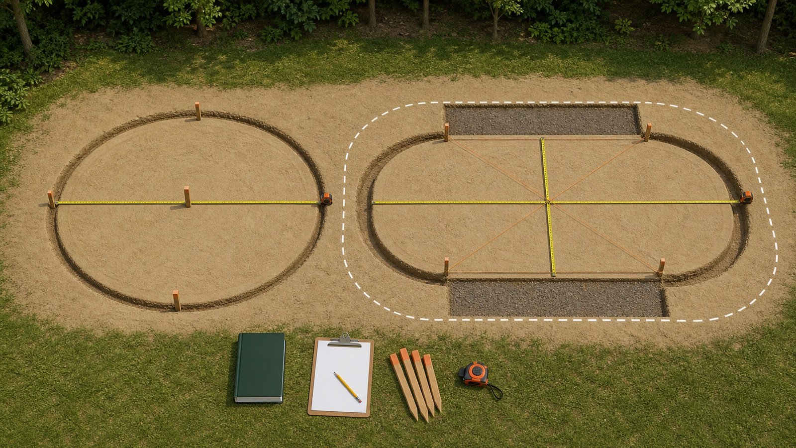 Top-down round and racetrack-oval pool-base layouts with diameter, length, width, diagonal strings, outer work boundary and separate support trenches