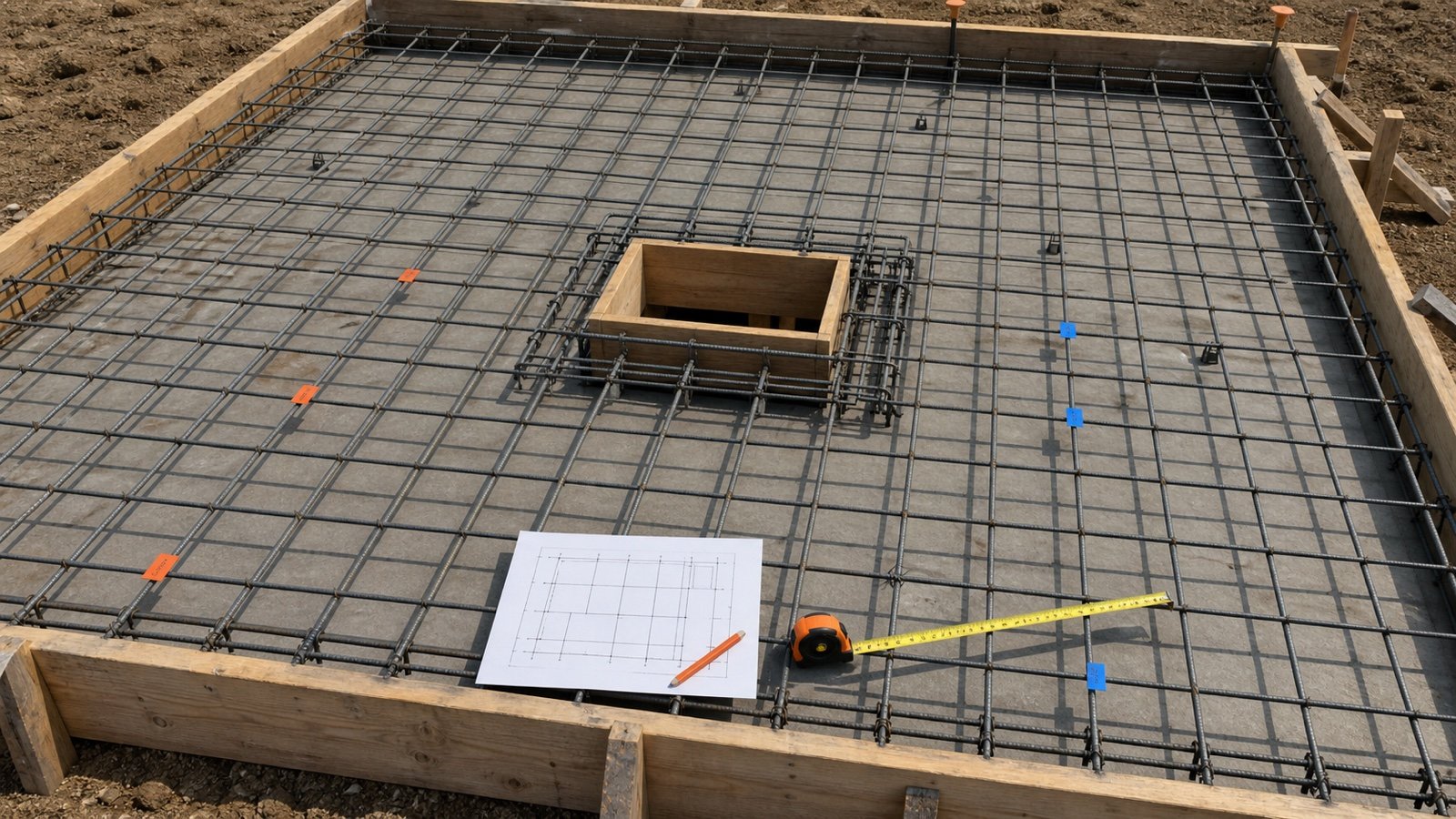 Rectangular slab formwork with a two-direction rebar grid, perimeter offsets, an opening with added bars, a plan and tape measure.