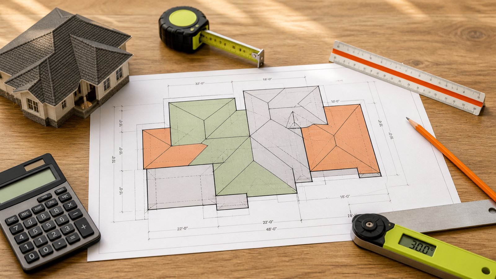 Roof plan divided into colored measurement sections beside a roof model, tape measure, ruler, calculator and angle finder.