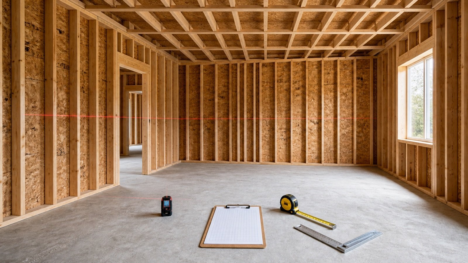 Unfinished framed room with a doorway, window, exposed ceiling framing, floor-level laser measure, tape, square and blank measurement ledger.