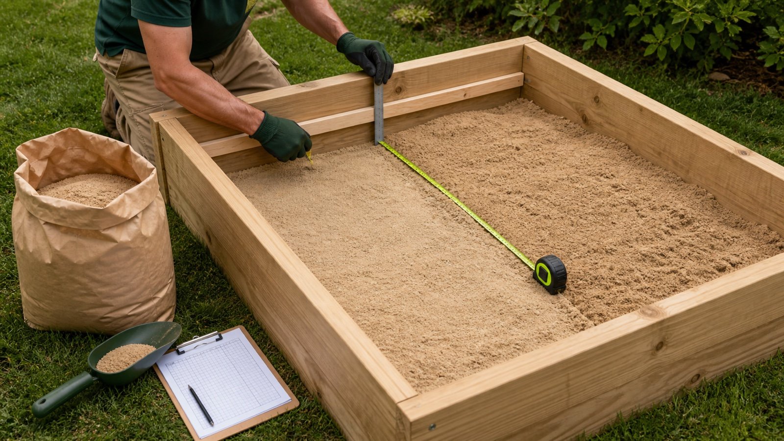 Adult measuring the current play-sand depth at an inside sandbox fill line, with two surface zones, an unbranded refill bag, scoop and blank worksheet