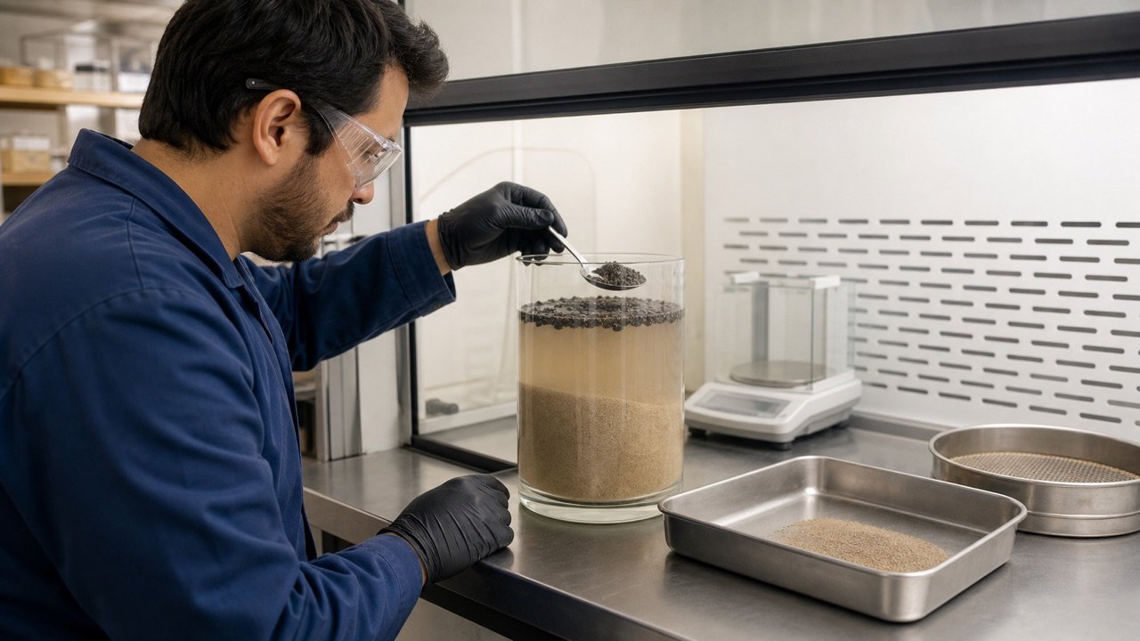 Laboratory technician skimming floating particles from fine aggregate in a transparent vessel at a ventilated workstation.
