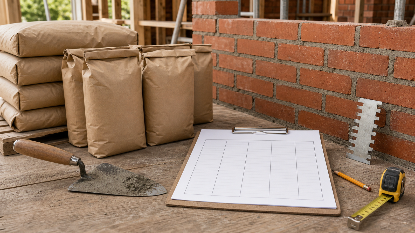 Plain mortar bags, a blank allowance worksheet, masonry tools and a partially built brick wall on a workbench.