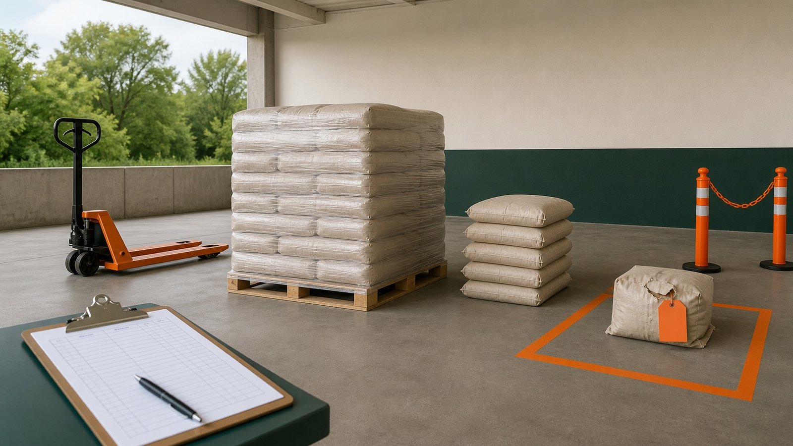 A wrapped pallet and loose mortar bags beside a receiving ledger, with one damaged bag separated in a quarantine area.
