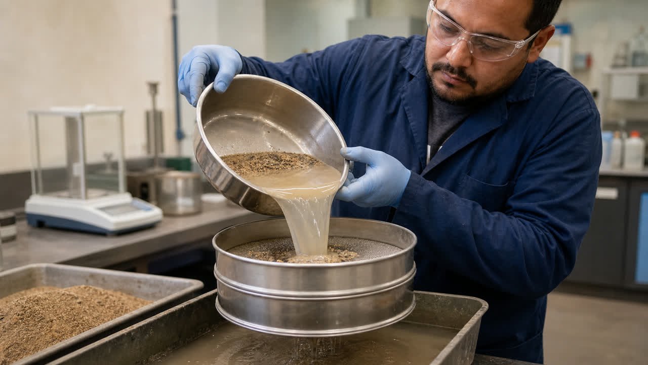 Laboratory technician pouring cloudy sand wash water through a metal sieve over a collection basin.
