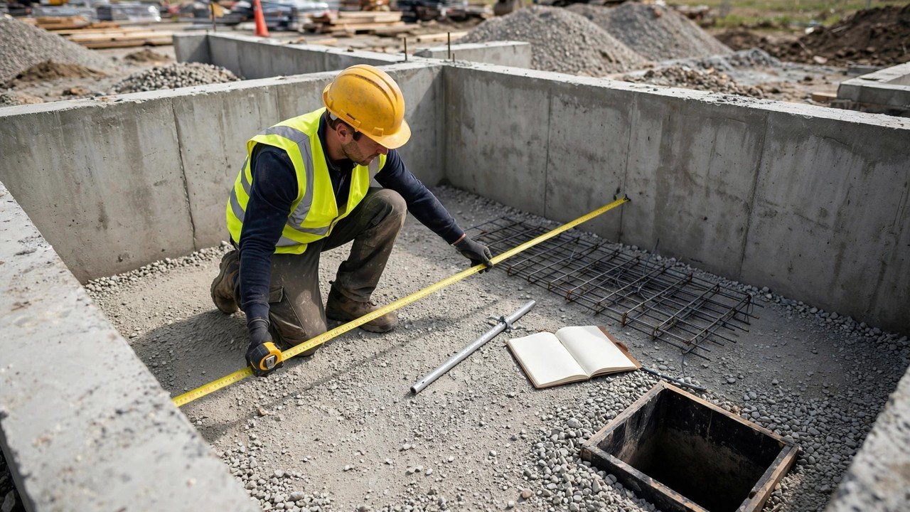A construction worker in a yellow hard hat and high-visibility vest kneeling inside concrete foundation walls on compacted gravel, stretching a yellow tape measure across the prepared slab area, with tied steel rebar mesh, an open field notebook, and a square sump-pit form nearby.