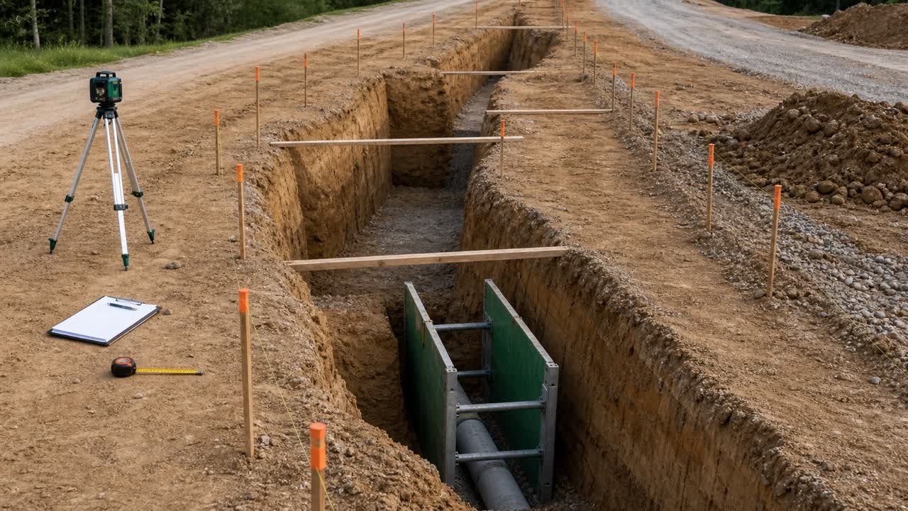 An unoccupied trench with changing sections, surface survey stakes, a laser level, measuring tape, and a protected deep segment.