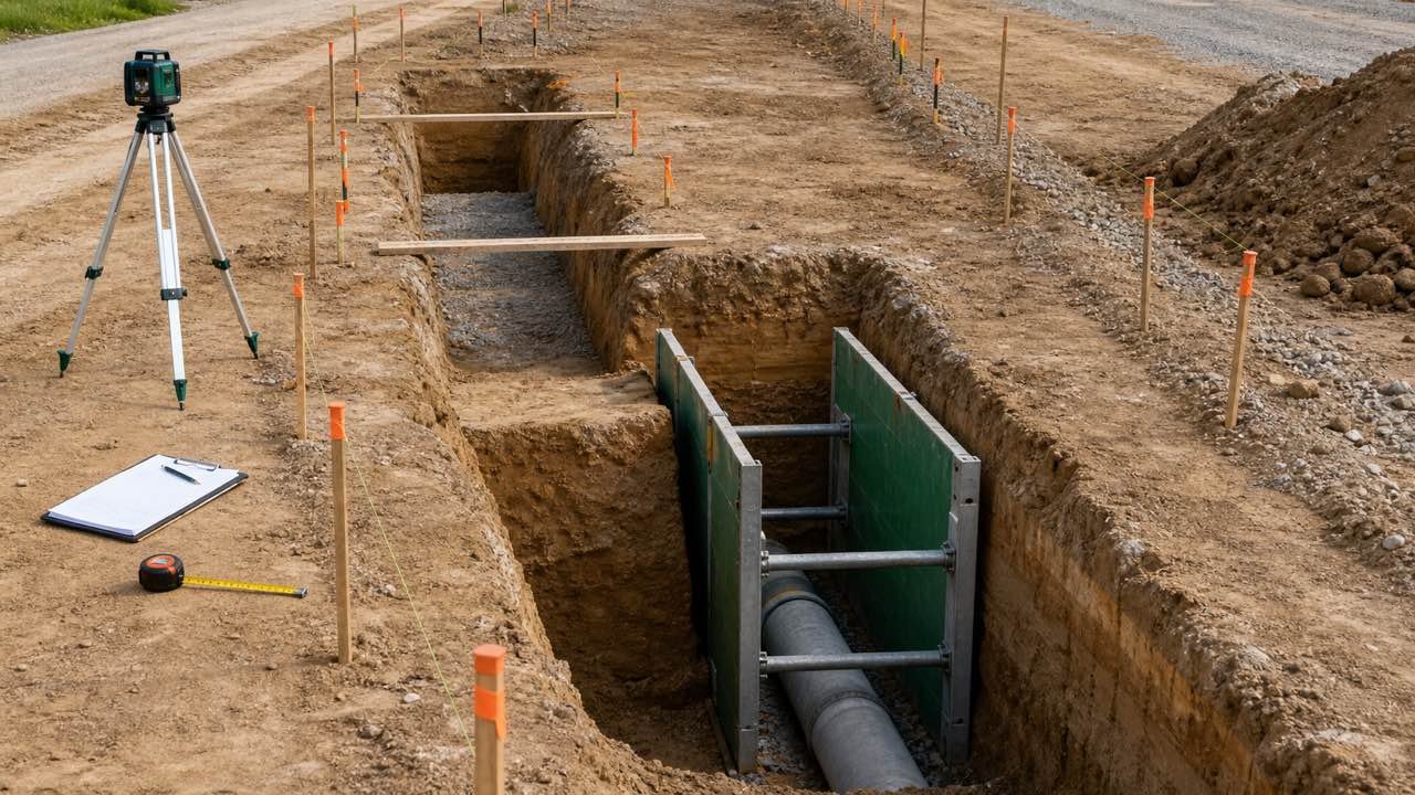 An unoccupied trench with changing sections, surface survey stakes, a laser level, measuring tape, and a protected deep segment.