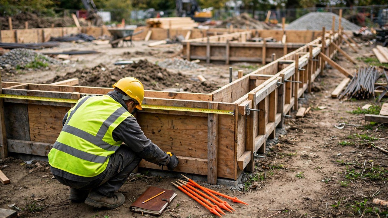 A construction worker in a yellow hard hat and high-visibility vest crouching beside wooden foundation wall forms, stretching a yellow tape measure along the top of the forms, with a field notebook, pencil and orange survey stakes nearby on the ground.