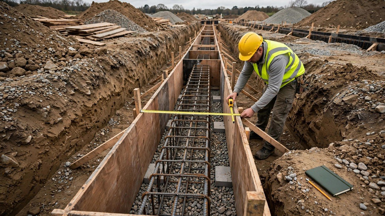 A construction worker in a yellow hard hat and high-visibility vest stretching a yellow tape measure across wooden grade beam formwork with a tied steel rebar cage inside an excavated trench, with a field notebook and pencil on the ground beside the trench.