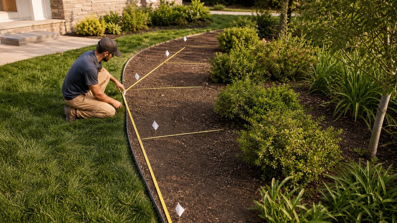 Landscape estimator measuring perpendicular widths from a baseline across a curved garden bed.