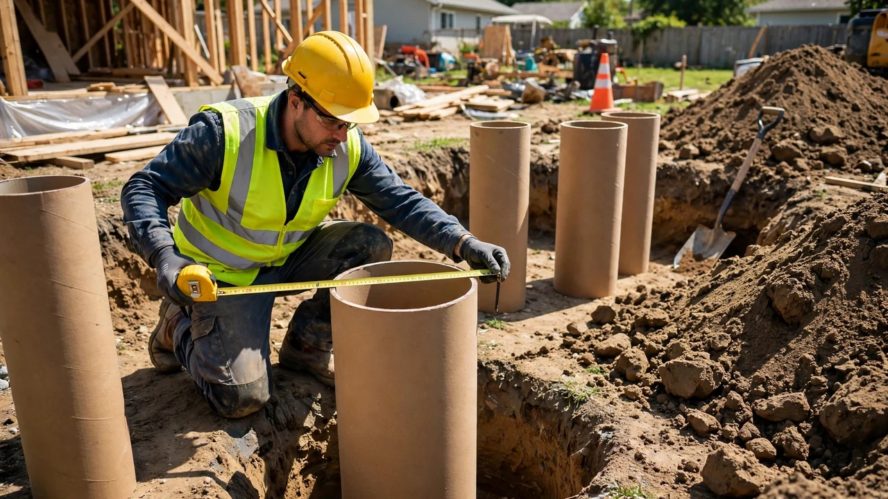 A construction worker in a hard hat and hi-vis vest stretching a tape measure across the open top of a round concrete form tube set in an excavated footing hole, with more tubes and a soil pile nearby.