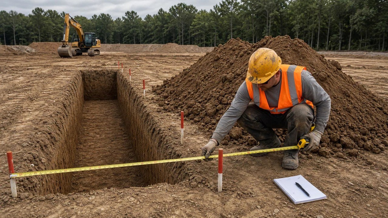 A construction worker in a hard hat and safety vest crouching beside a strip footing trench, stretching a yellow tape measure across the trench width, with orange survey stakes and a field notebook nearby.
