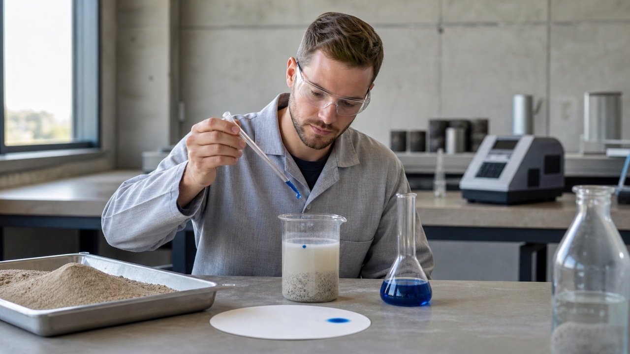 Laboratory technician adding blue test solution to a fine aggregate suspension beside filter paper and a bench colorimeter.