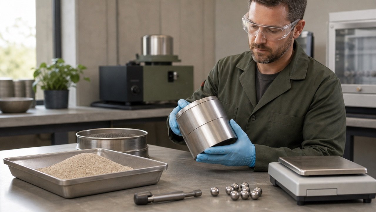 Laboratory technician checking a stainless Micro-Deval jar beside fine aggregate, a sieve, steel balls, and a balance.